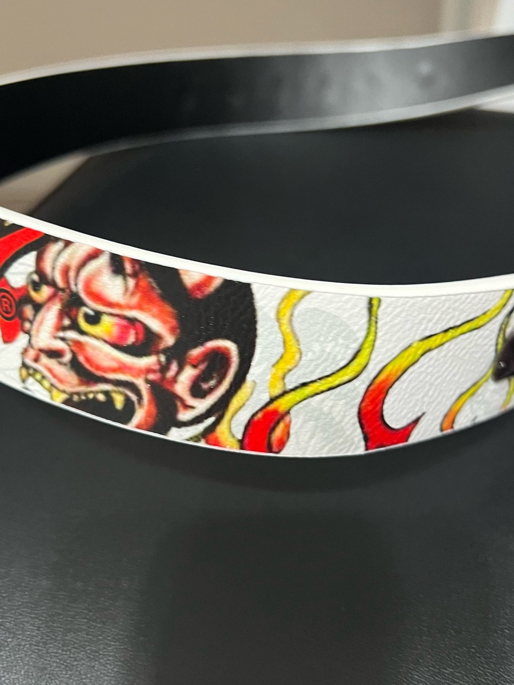 Ed Hardy White Leather Belt with Red & Yellow Flame Graphics